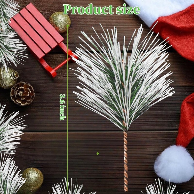 YGbridge Artificial Green Pine Needles Branches, 50 PCS Small Pine Twigs Stems Picks, Fake Greenery Pine Picks for Christmas Garland, Wreath, Home Holiday Decoration (50, Green White) - Image 2